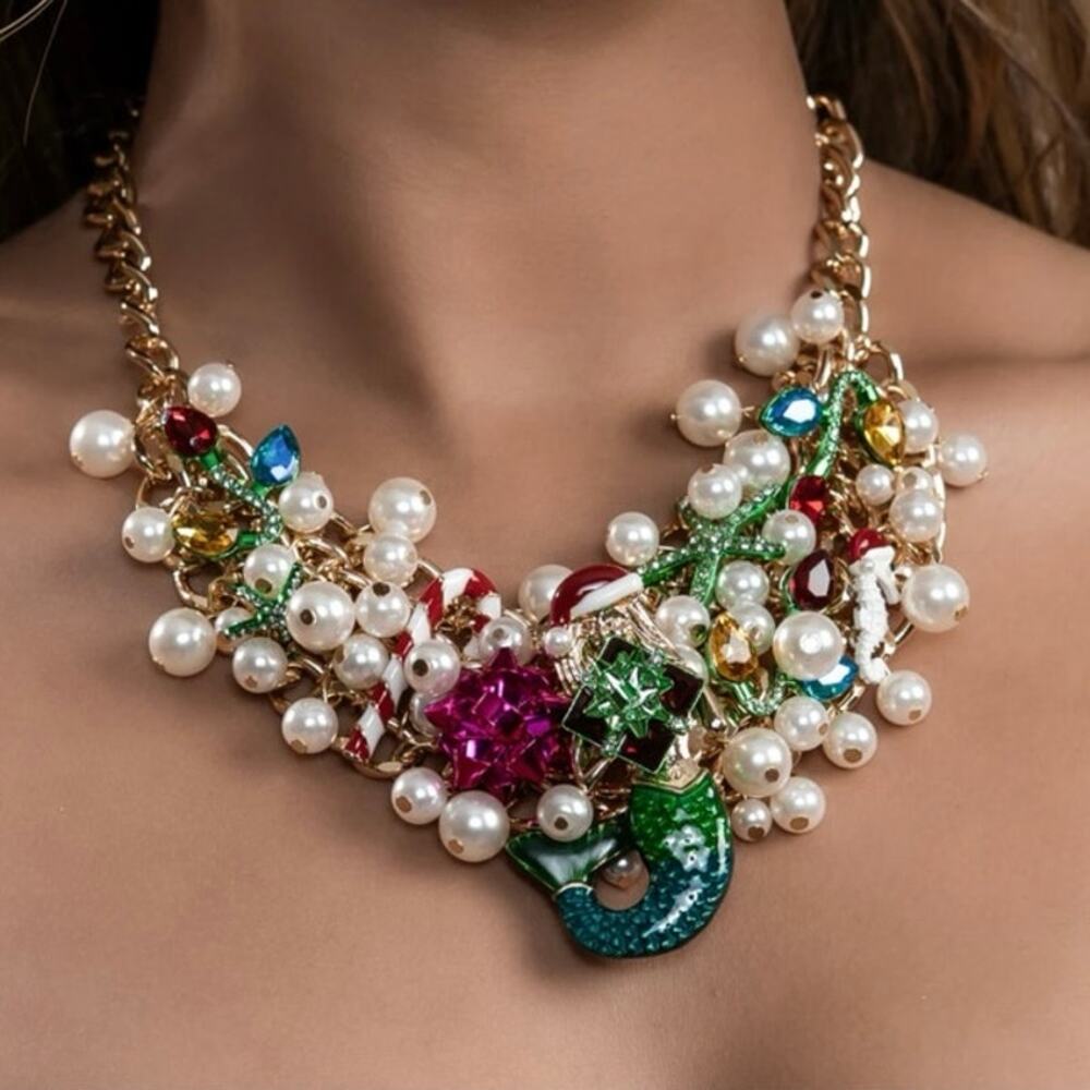 Betsey Johnson Santa Mermaid Candy Cane Drama Christmas Xmas Statement Necklace